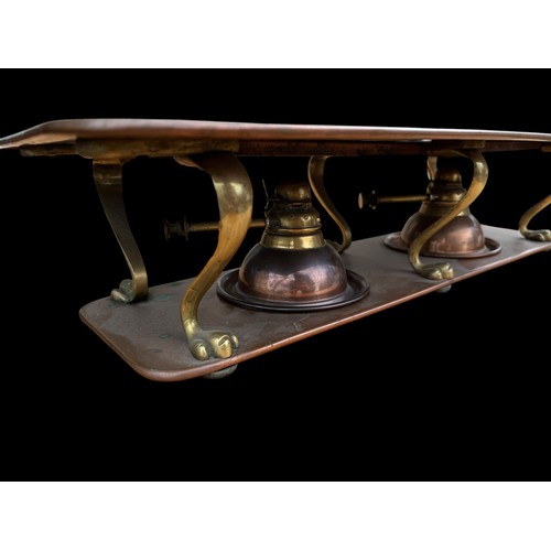 700A - A BEAUTIFUL VICTORIAN COPPER AND BRASS PAW FOOTED FOOD WARMER WITH A DOUBLE REMOVABLE HINKS BURNER M... 