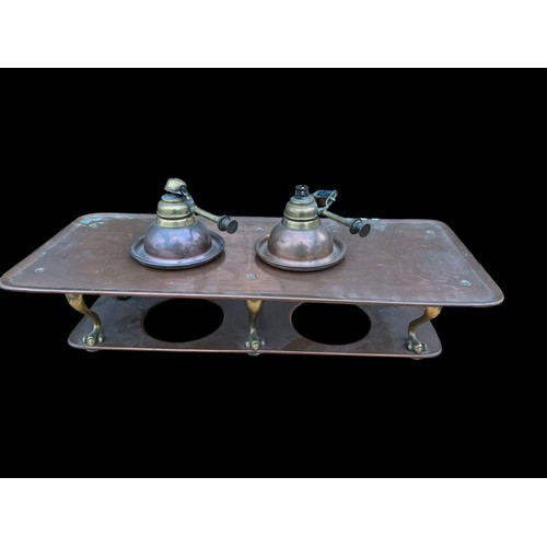 700A - A BEAUTIFUL VICTORIAN COPPER AND BRASS PAW FOOTED FOOD WARMER WITH A DOUBLE REMOVABLE HINKS BURNER M... 