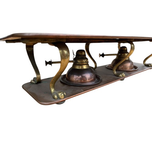 700A - A BEAUTIFUL VICTORIAN COPPER AND BRASS PAW FOOTED FOOD WARMER WITH A DOUBLE REMOVABLE HINKS BURNER M... 