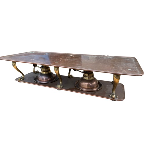 700A - A BEAUTIFUL VICTORIAN COPPER AND BRASS PAW FOOTED FOOD WARMER WITH A DOUBLE REMOVABLE HINKS BURNER M... 