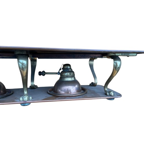 700A - A BEAUTIFUL VICTORIAN COPPER AND BRASS PAW FOOTED FOOD WARMER WITH A DOUBLE REMOVABLE HINKS BURNER M... 