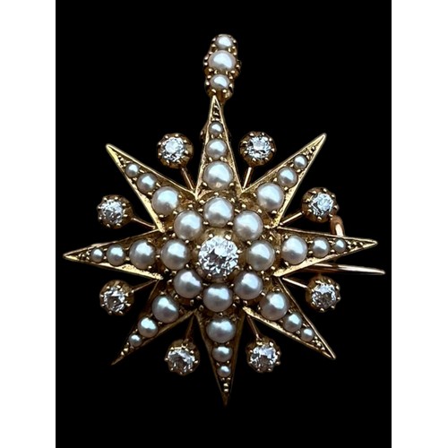 670A - A TRULEY STUNNING 15CT GOLD FOB BROOCH SET WITH 8 QUALITY DIAMONDS & PEARLS OF EXCEPTIONAL QUALITY S... 