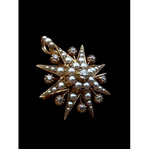 670A - A TRULEY STUNNING 15CT GOLD FOB BROOCH SET WITH 8 QUALITY DIAMONDS & PEARLS OF EXCEPTIONAL QUALITY S... 