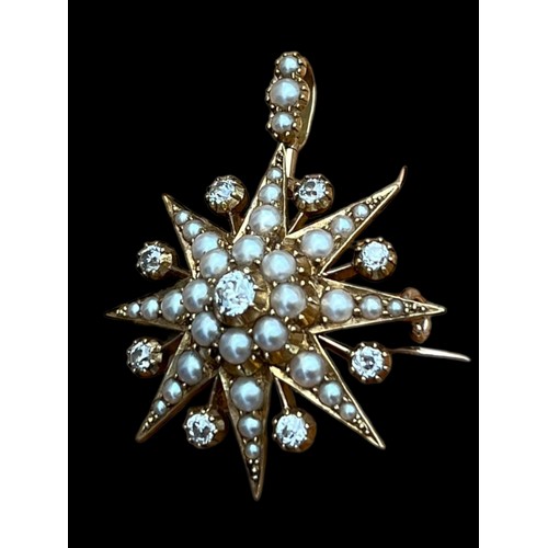 670A - A TRULEY STUNNING 15CT GOLD FOB BROOCH SET WITH 8 QUALITY DIAMONDS & PEARLS OF EXCEPTIONAL QUALITY S... 