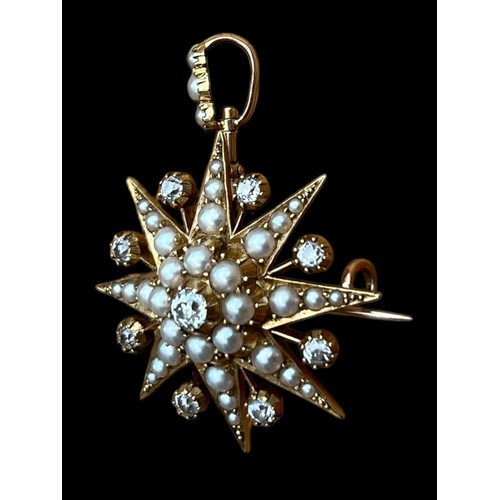 670A - A TRULEY STUNNING 15CT GOLD FOB BROOCH SET WITH 8 QUALITY DIAMONDS & PEARLS OF EXCEPTIONAL QUALITY S... 