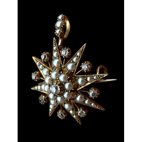 670A - A TRULEY STUNNING 15CT GOLD FOB BROOCH SET WITH 8 QUALITY DIAMONDS & PEARLS OF EXCEPTIONAL QUALITY S... 