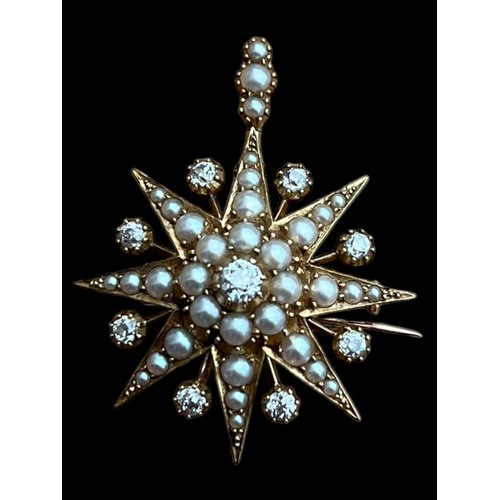 670A - A TRULEY STUNNING 15CT GOLD FOB BROOCH SET WITH 8 QUALITY DIAMONDS & PEARLS OF EXCEPTIONAL QUALITY S... 