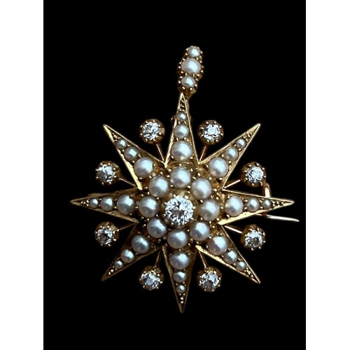 670A - A TRULEY STUNNING 15CT GOLD FOB BROOCH SET WITH 8 QUALITY DIAMONDS & PEARLS OF EXCEPTIONAL QUALITY S... 