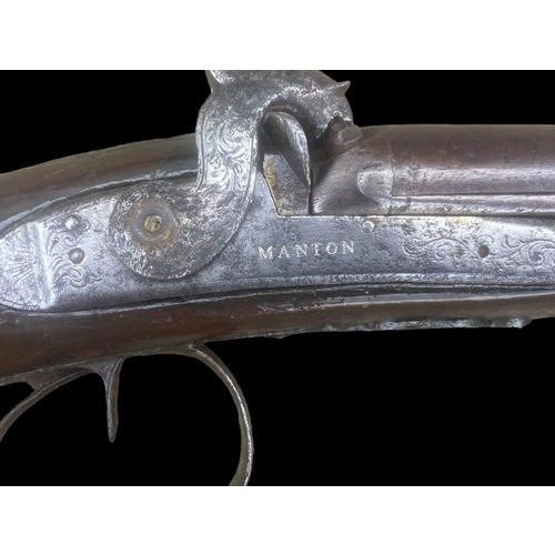 730A - AN EARLY 19CT PERCUSSION DOUBLE BARRELL SHOTGUN BY MANTON OF LONDON