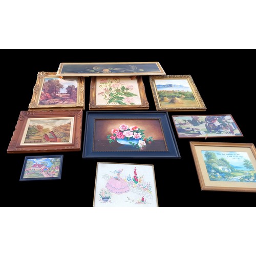 16 - A QUANTITY OF OIL PAINTINGS AND NEEDLEWORK PICTURES