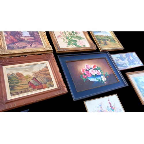 16 - A QUANTITY OF OIL PAINTINGS AND NEEDLEWORK PICTURES