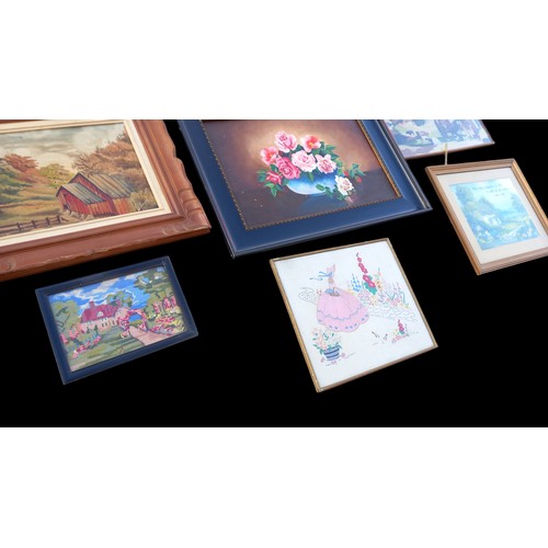 16 - A QUANTITY OF OIL PAINTINGS AND NEEDLEWORK PICTURES