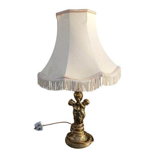 54 - A HEAVY BRASS CHERUB TABLE LAMP