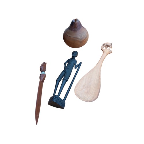 61 - COLLECTION OF AFRICAN CARVED ITEMS AND A DRUM