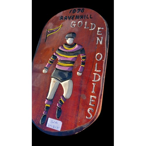 79 - A WOODEN PLAQUE RAVENHILL GOLDEN OLDIES 1976 9x15