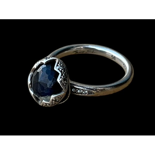 187 - AN ORNATE THOMAS SABO SILVER RING SET WITH A BLUE STONE