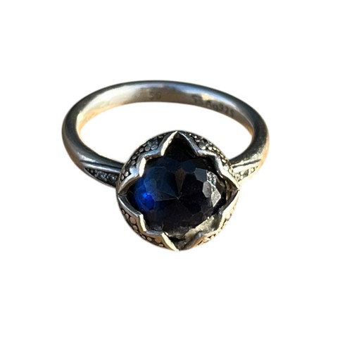 187 - AN ORNATE THOMAS SABO SILVER RING SET WITH A BLUE STONE