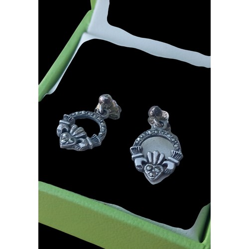 231 - 2 PAIRS OF SILVER EARRINGS- GEM SET CROSS & A PIAR OF CLADDAGH