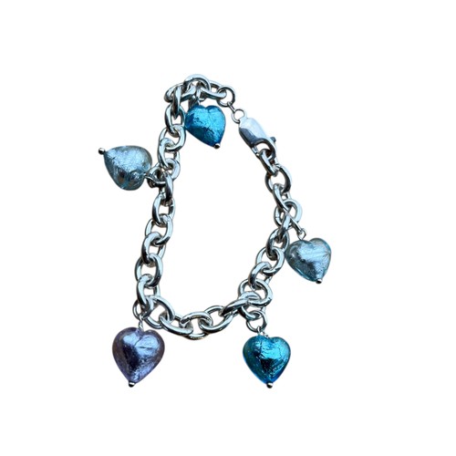 247 - A SILVER BRACELET  WITH  GLASS HEART SHAPE CHARMS