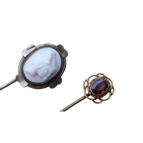 250 - VICTORIAN SHELL CAMEO STICK PIN AND A SMOKEY QUARTZ STICK PIN