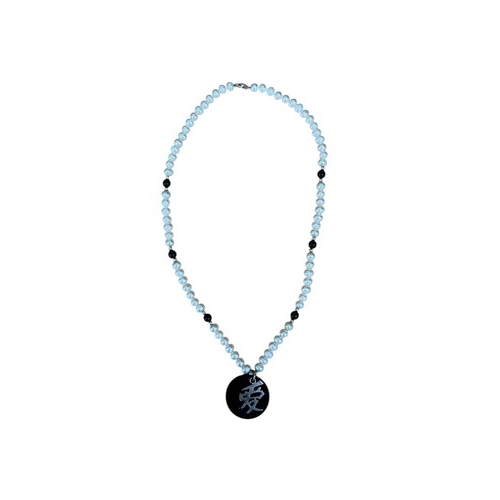 268 - A PEARL AND JET STONE NECKLACE WITH SILVER CATCH AND SET  WITH JASE AND SILVER EMBLEMN