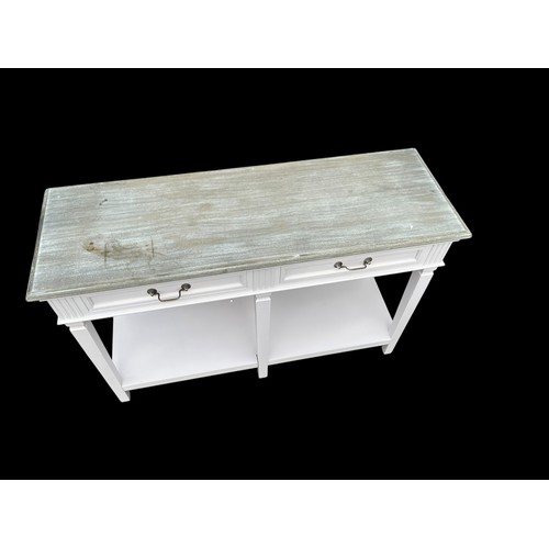 316 - A LILAC & WASHED TOPPED 2 DRAWERED TABLE (MARKS TO THE TOP)