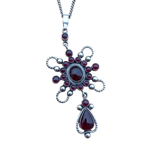 413 - SILVER GARNET DROP PENDANT ON SILVER CHAIN