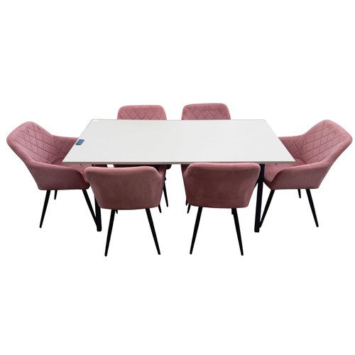 586 - MODERN DINING TABLE AND 6 PINK VELVET CHAIRS