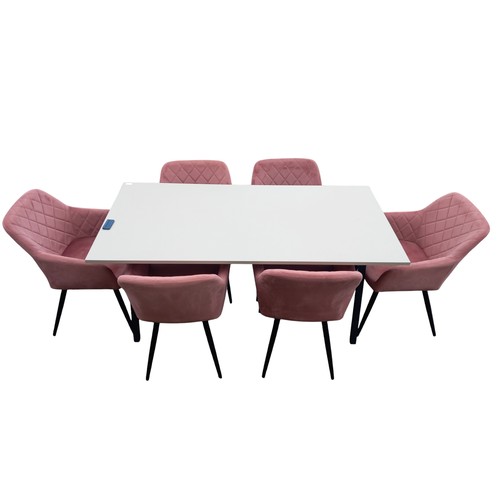 586 - MODERN DINING TABLE AND 6 PINK VELVET CHAIRS