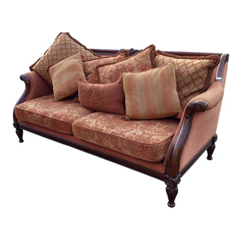 593 - A BEAUTIFUL SCROLL ARM SETTEE WITH CARVING TO BACK AND ON ORNATE LEG