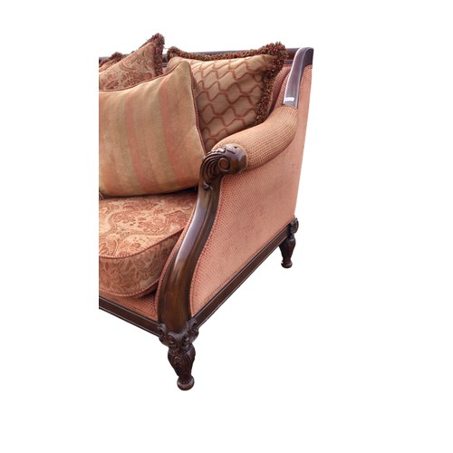 593 - A BEAUTIFUL SCROLL ARM SETTEE WITH CARVING TO BACK AND ON ORNATE LEG