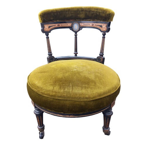 597 - A STUNNING QUALITY ANTIQUE EBONY & MAPLE BUTTONED BACK ARMCHAIR WITH A PORCELAIN WEDGWOOD INSET