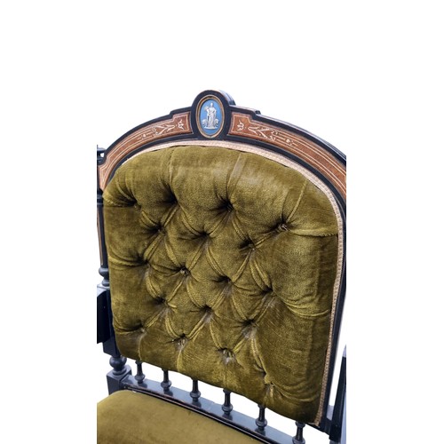 597 - A STUNNING QUALITY ANTIQUE EBONY & MAPLE BUTTONED BACK ARMCHAIR WITH A PORCELAIN WEDGWOOD INSET