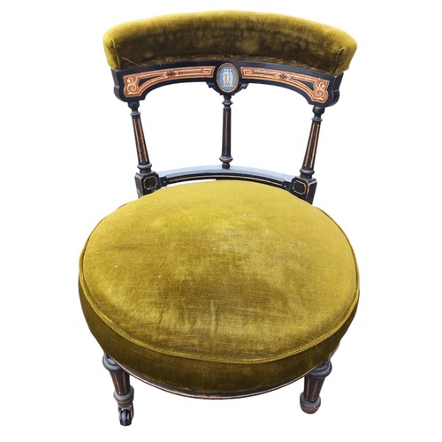 597 - A STUNNING QUALITY ANTIQUE EBONY & MAPLE BUTTONED BACK ARMCHAIR WITH A PORCELAIN WEDGWOOD INSET