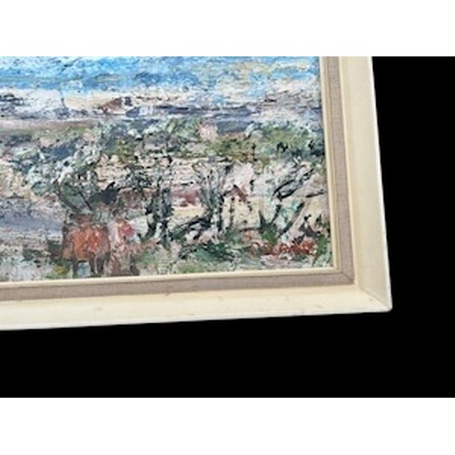 642 - AN IMPRESSIONIST IN PASTO OIL ON BOARD OF AN ARAD LANDSCAPE ANIMALS AND PEOPLE TO FOREFRONT SIGNED C... 