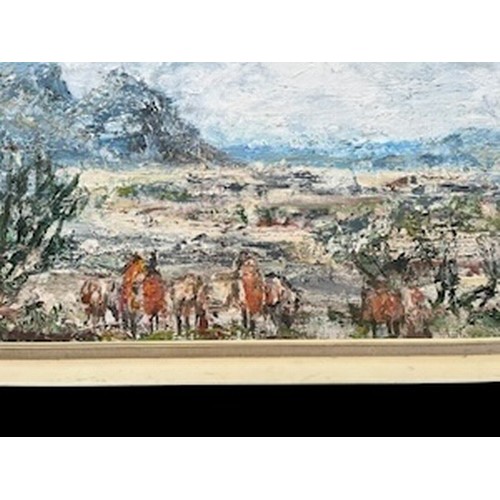 642 - AN IMPRESSIONIST IN PASTO OIL ON BOARD OF AN ARAD LANDSCAPE ANIMALS AND PEOPLE TO FOREFRONT SIGNED C... 