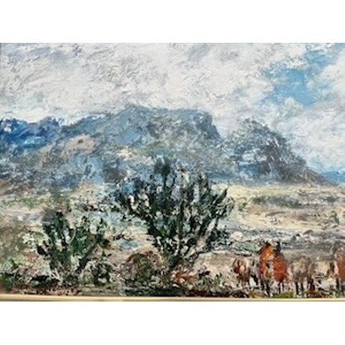 642 - AN IMPRESSIONIST IN PASTO OIL ON BOARD OF AN ARAD LANDSCAPE ANIMALS AND PEOPLE TO FOREFRONT SIGNED C... 