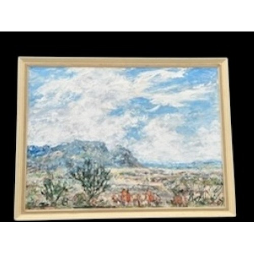 642 - AN IMPRESSIONIST IN PASTO OIL ON BOARD OF AN ARAD LANDSCAPE ANIMALS AND PEOPLE TO FOREFRONT SIGNED C... 