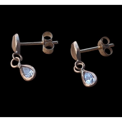 490 - A PAIR OF 9ct GOLD FINE DROP EARRINGS HEART TO TOP WITH PEAR SHAPRED CLEAR STONE