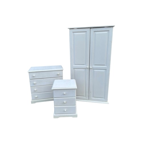 13 - A 3 PIECE PAINTED PINE BEDROOM SUITE- ROBE, CHEST AND BEDSIDE