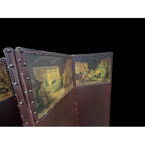 611A - A LEATHER FOLDING  CHANGING SCREEN WITH GEORGIAN SCENES