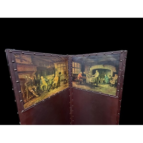 611A - A LEATHER FOLDING  CHANGING SCREEN WITH GEORGIAN SCENES