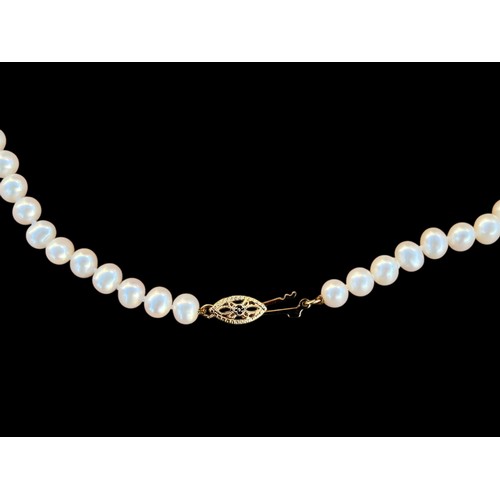 555A - A QUALITY HAND KNOTTED PEARL NECKLACE WITH A 14ct GOLD CLASP