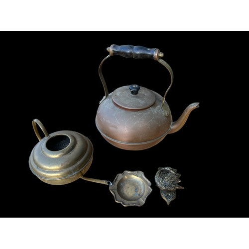 1 - A QUANTITY OF COPPER AND BRASS KETTLES ETC