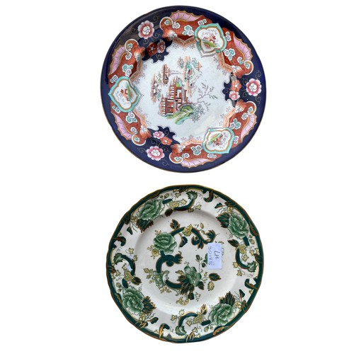 9 - AN ANITUQE IRONSTONE PLATE & MASONS CHARTEUSE PLATE