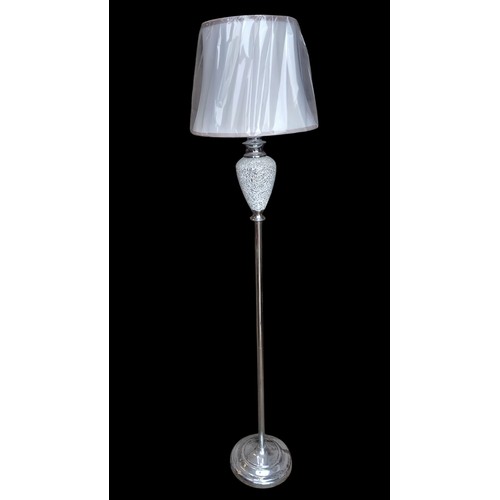 16 - A CRACKLED GLASS FINISH STANDARD LAMP WITH NEW SHADE