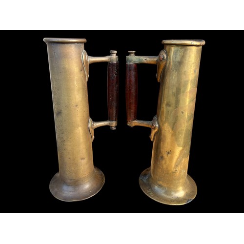 31 - 2 VERY UNUSUAL TALL BRASS DRINKING VESSEL WITH WOODEN HANDLES 12