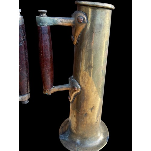 31 - 2 VERY UNUSUAL TALL BRASS DRINKING VESSEL WITH WOODEN HANDLES 12