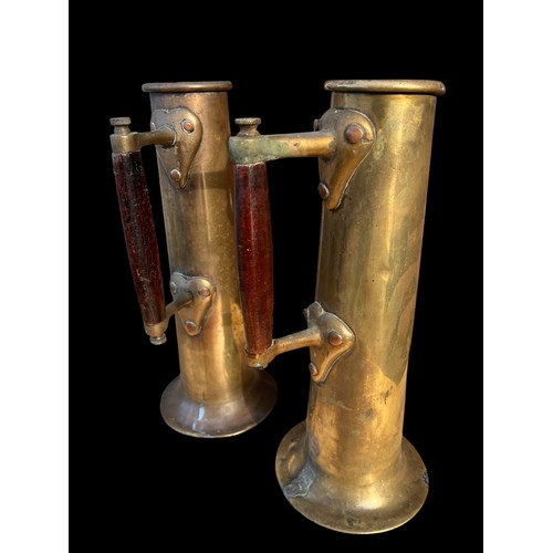 31 - 2 VERY UNUSUAL TALL BRASS DRINKING VESSEL WITH WOODEN HANDLES 12