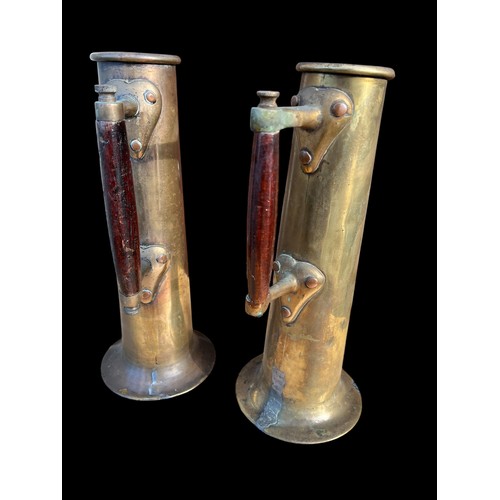 31 - 2 VERY UNUSUAL TALL BRASS DRINKING VESSEL WITH WOODEN HANDLES 12